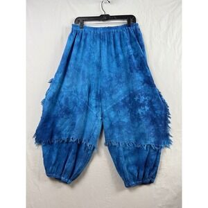 Cottonways Balloon Pants Womens OSFM Blue Tie Dye Fringe Trim Cotton Cropped